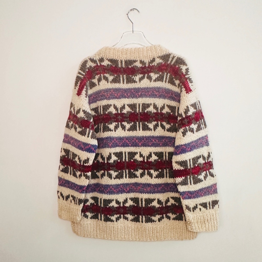 Hand Knit Fair Isle Wool Winter Sweater Vintage Chunky Crew Neck Apres Ski